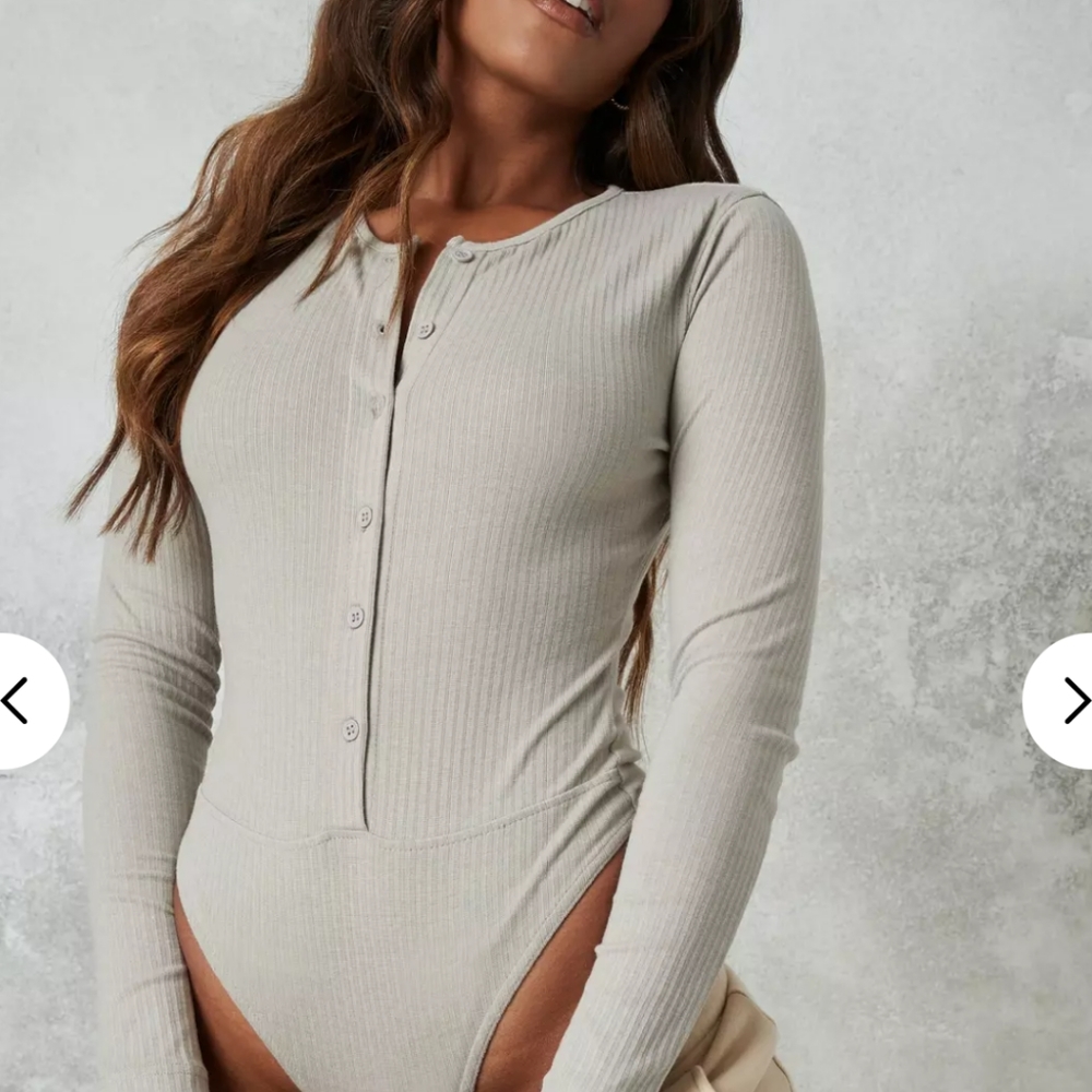 gray and white rib button front bodysuit